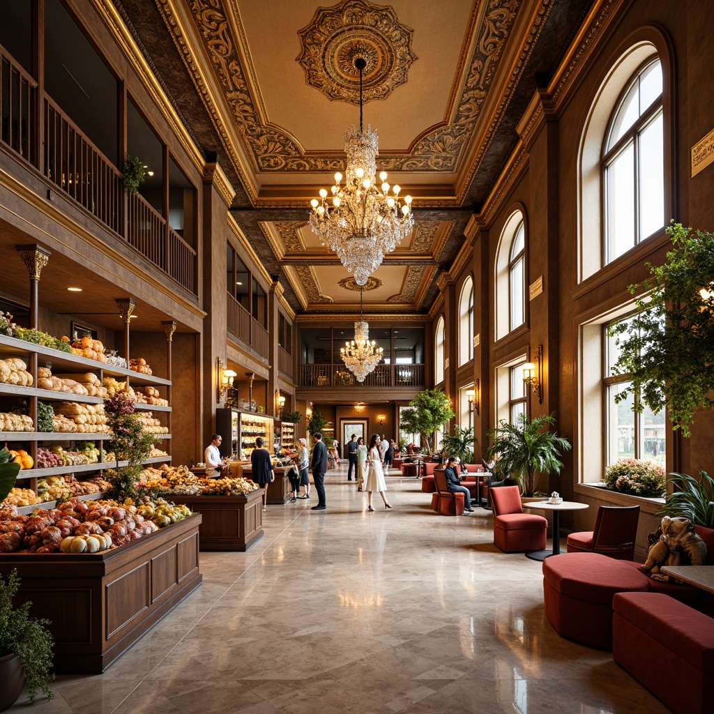 Prompt: Opulent Rococo grocery store interior, ornate ceiling design, intricate moldings, gold leaf accents, crystal chandeliers, elegant archways, marble floors, lavish furnishings, rich fabrics, vibrant color palette, soft warm lighting, shallow depth of field, 1/1 composition, realistic textures, ambient occlusion.