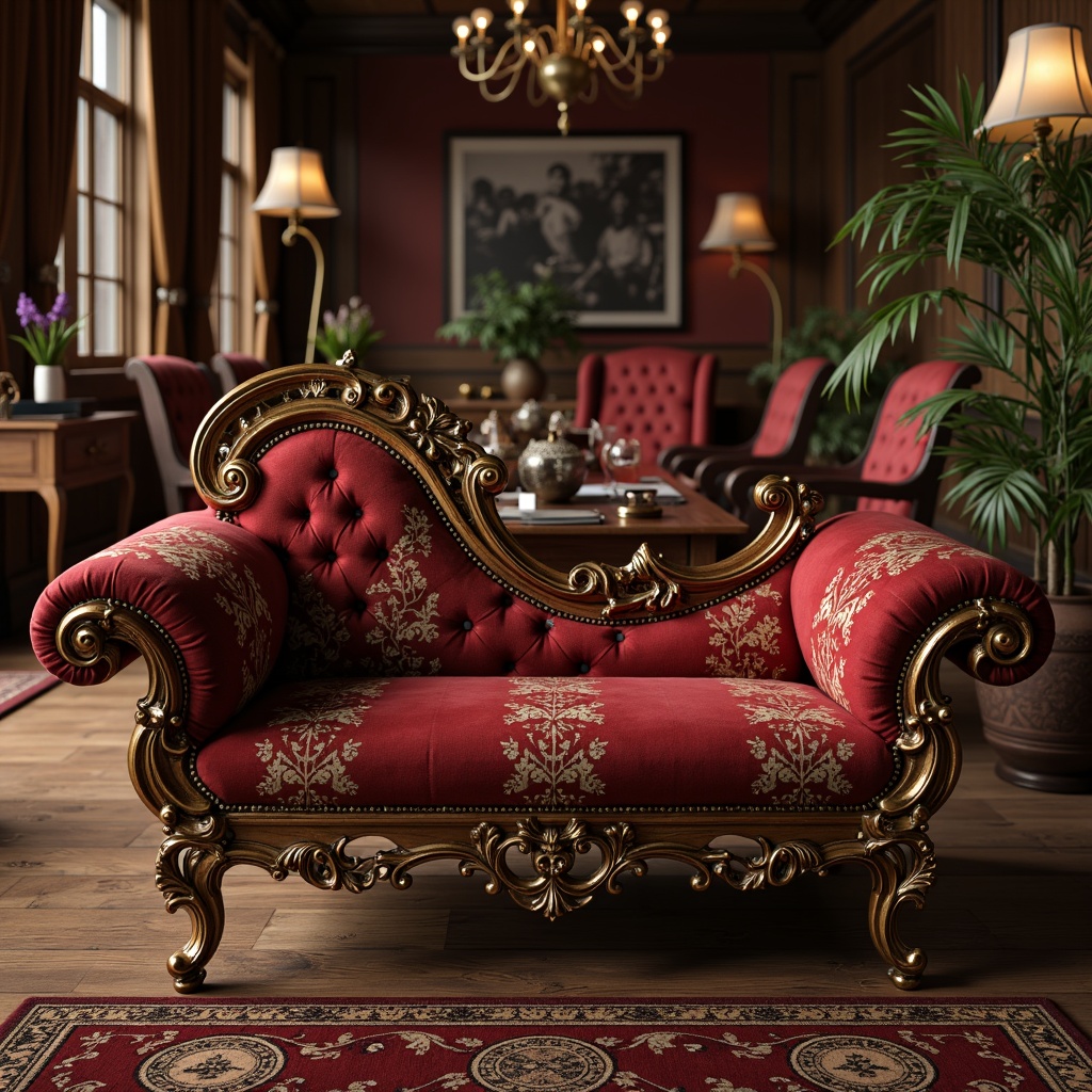 Prompt: Intricate ornate furniture, sinuous lines, flowing curves, organic shapes, luxurious velvet upholstery, polished wooden accents, metallic inlays, stained glass decorations, intricate carvings, curved legs, rounded edges, soft warm lighting, 3/4 composition, atmospheric perspective, realistic textures, ambient occlusion.