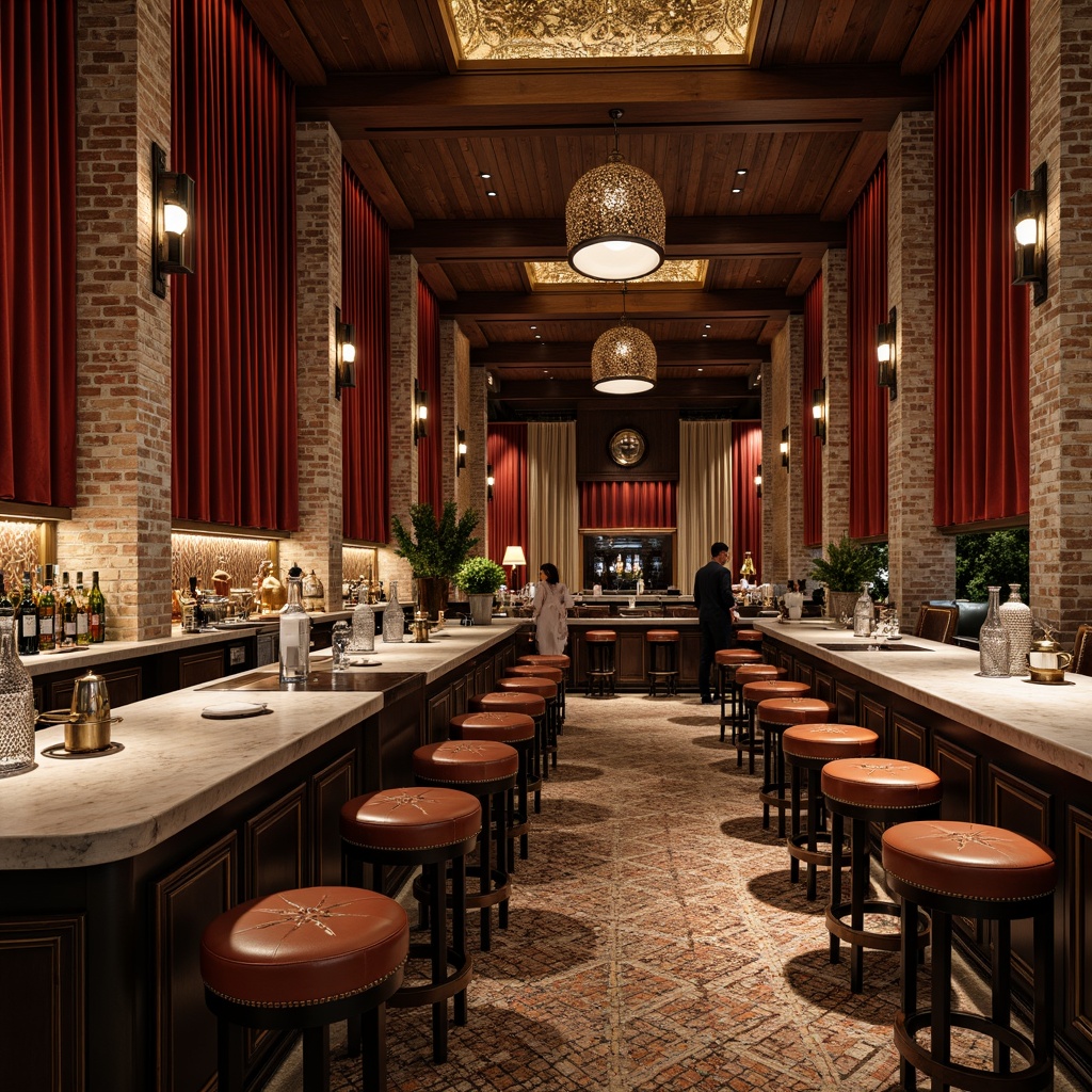 Prompt: Luxurious bar interior, rich wood accents, velvet drapes, metallic sheen, textured stone walls, rustic brick columns, dimmable pendant lights, polished marble countertops, embossed leather stools, ornate metalwork, intricate mosaics, warm ambient lighting, 1/1 composition, shallow depth of field, realistic reflections.