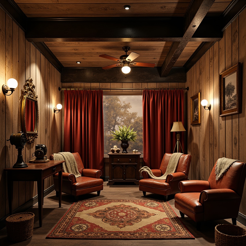 Prompt: Rustic cinema interior, distressed wooden walls, vintage film cameras, worn leather armchairs, ornate metal lanterns, brick red accent colors, earthy tone textiles, woven baskets, natural fiber rugs, reclaimed wood flooring, warm candle lighting, cozy throw blankets, industrial metal beams, exposed stone walls, rich velvet curtains, antique movie props, nostalgic Hollywood glamour, soft box camera angles, cinematic composition, warm color grading.