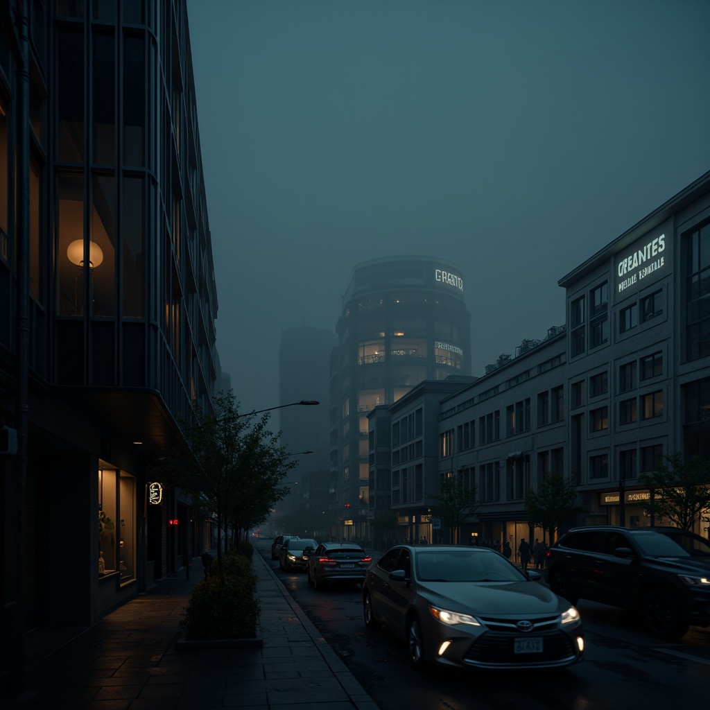 Prompt: Moody cinematic scenery, dark tone gradient, deep blues and greys, warm beige accents, industrial metal textures, sleek minimalist lines, urban cityscape, nighttime atmosphere, foggy misty effects, subtle neon lights, desaturated color palette, high contrast ratio, shallow depth of field, 2.39 aspect ratio, cinematic camera angles, anamorphic lens flares, low-key lighting, mysterious ambient soundscape.