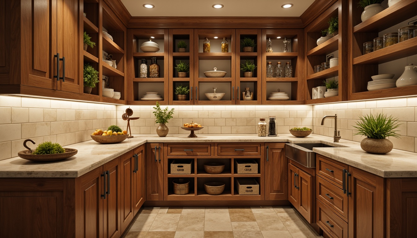 Prompt: Cozy pantry, warm beige tones, soft cream accents, rich wood cabinetry, rustic metal hardware, earthy brown shelves, natural stone countertops, vintage apothecary jars, distressed wooden crates, ambient warm lighting, shallow depth of field, 1/1 composition, realistic textures, subtle shadows.