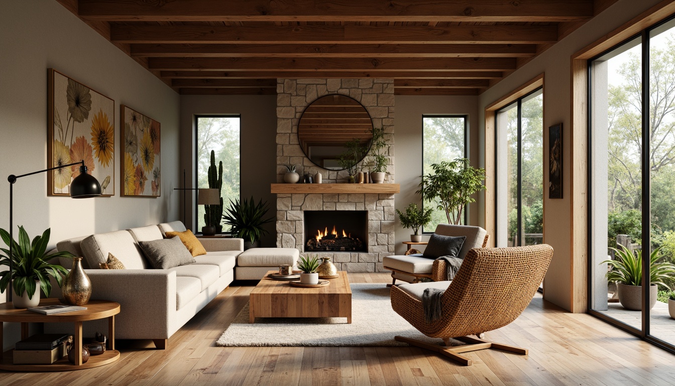 Prompt: Cozy living room, reclaimed wood flooring, natural stone walls, earthy color palette, woven rattan furniture, plush woolen upholstery, organic shape decor, potted greenery, floor-to-ceiling windows, warm soft lighting, rustic metal accents, wooden beam ceiling, sustainable eco-friendly materials, nature-inspired patterns, calming atmosphere, shallow depth of field, 1/2 composition, realistic textures, ambient occlusion.