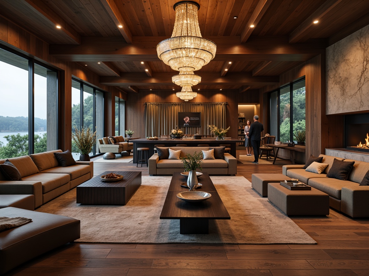 Prompt: Luxurious living room, rich wood flooring, plush velvet sofas, elegant crystal chandeliers, floor-to-ceiling windows, natural stone fireplaces, modern minimalist coffee tables, sleek metal accents, ambient warm lighting, shallow depth of field, 2/3 composition, realistic textures, soft focus blur.