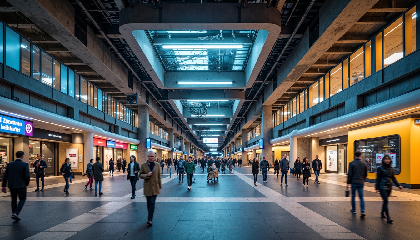 Prompt: Vibrant metro station, industrial architecture, exposed concrete walls, metallic beams, futuristic lighting fixtures, sleek glass railings, modern signage, urban atmosphere, bustling crowds, dynamic movement, contrasting textures