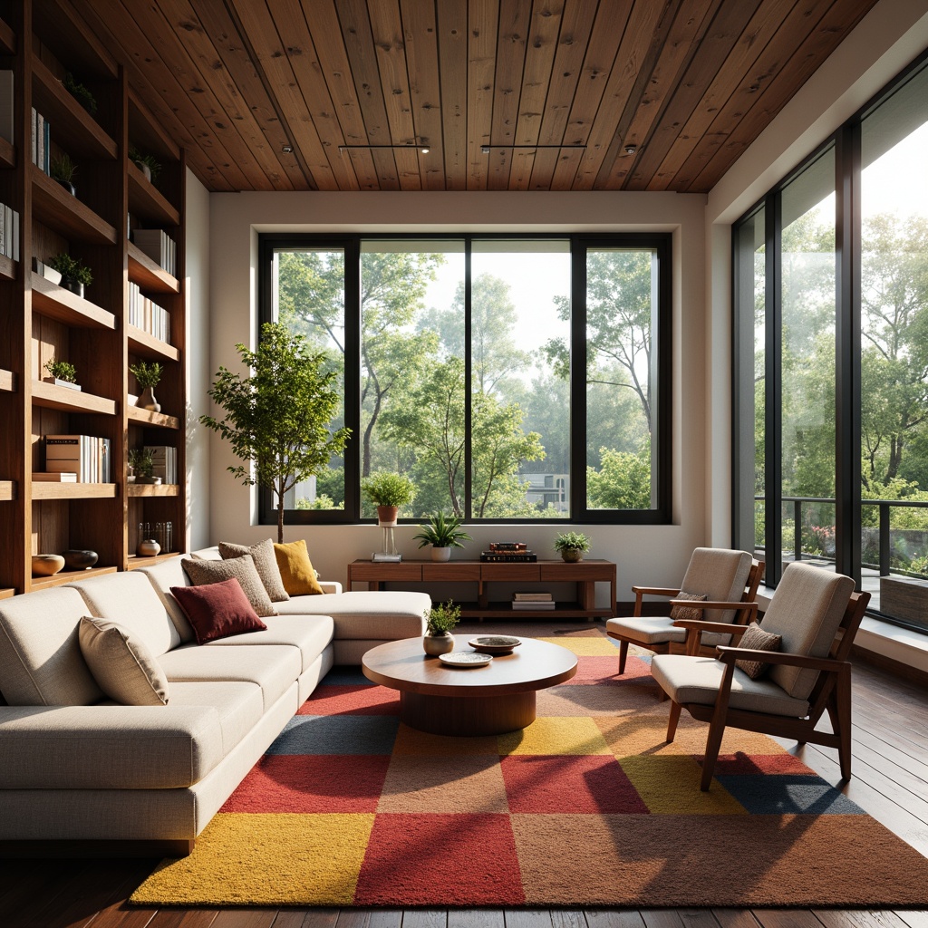 Prompt: Cozy living room, plush furniture, soft cushions, warm lighting, wooden flooring, modern minimalist decor, functional shelving units, ergonomic chairs, sleek coffee table, vibrant colorful rugs, greenery accents, floor-to-ceiling windows, natural light, airy atmosphere, 3/4 composition, shallow depth of field, panoramic view, realistic textures.