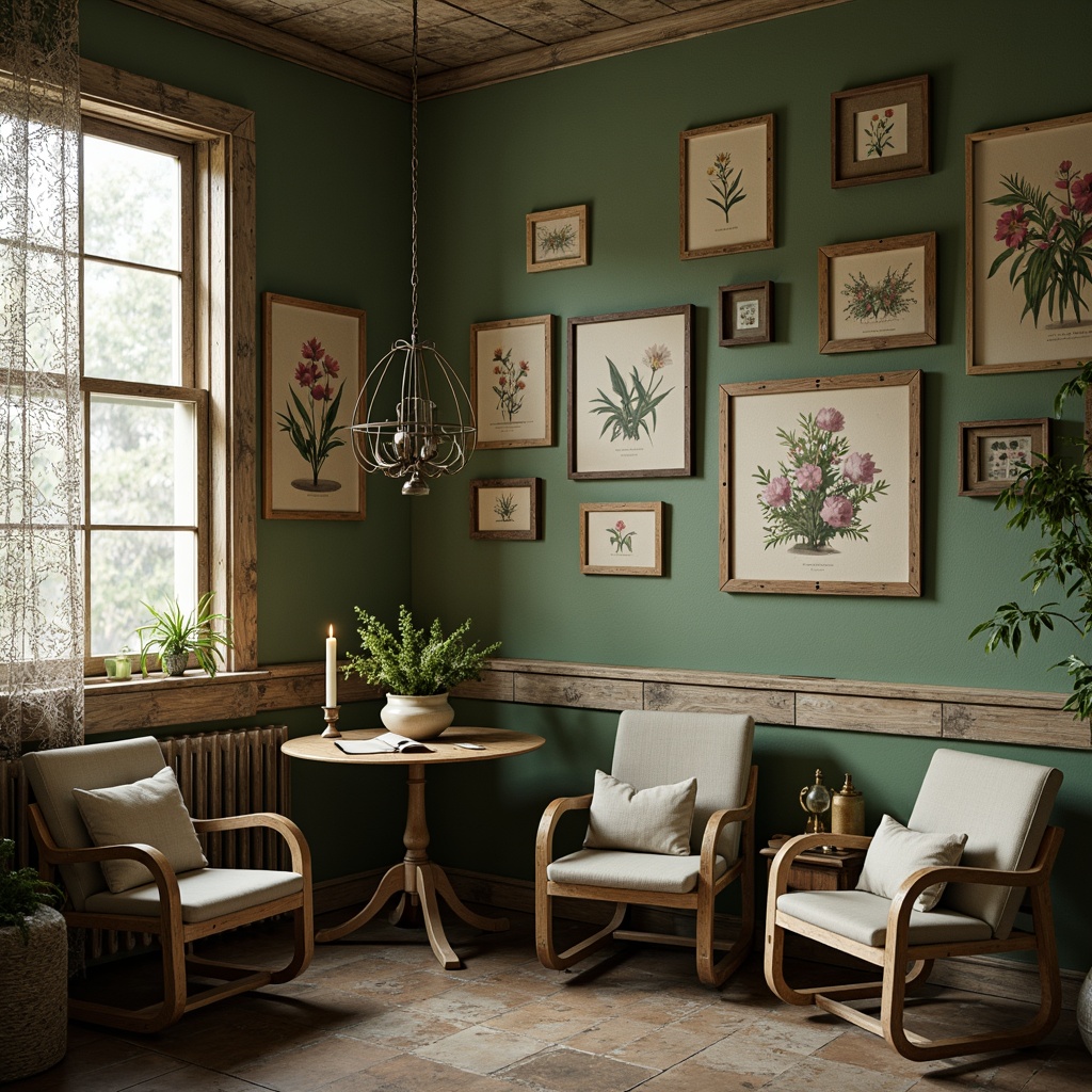 Prompt: Distressed wooden frames, soft moss green walls, vintage metal accents, delicate flower patterns, lace curtains, ornate gardening tools, distressed stone flooring, natural linen upholstery, faded botanical prints, warm candlelight, shallow depth of field, 1/2 composition, intimate atmosphere, realistic textures, ambient occlusion.