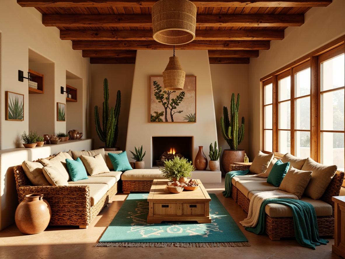 Prompt: Southwestern-themed living room, warm earthy tones, rustic wooden furniture, woven Native American-inspired textiles, vibrant turquoise accents, geometric patterned rugs, plush sectional sofas, natural fiber upholstery, pendant lamps with rattan shades, terracotta planters, potted cacti, desert botanical prints, sun-bleached wooden beams, adobe-style architecture, warm golden lighting, soft focus, 1/1 composition, cozy intimate atmosphere.