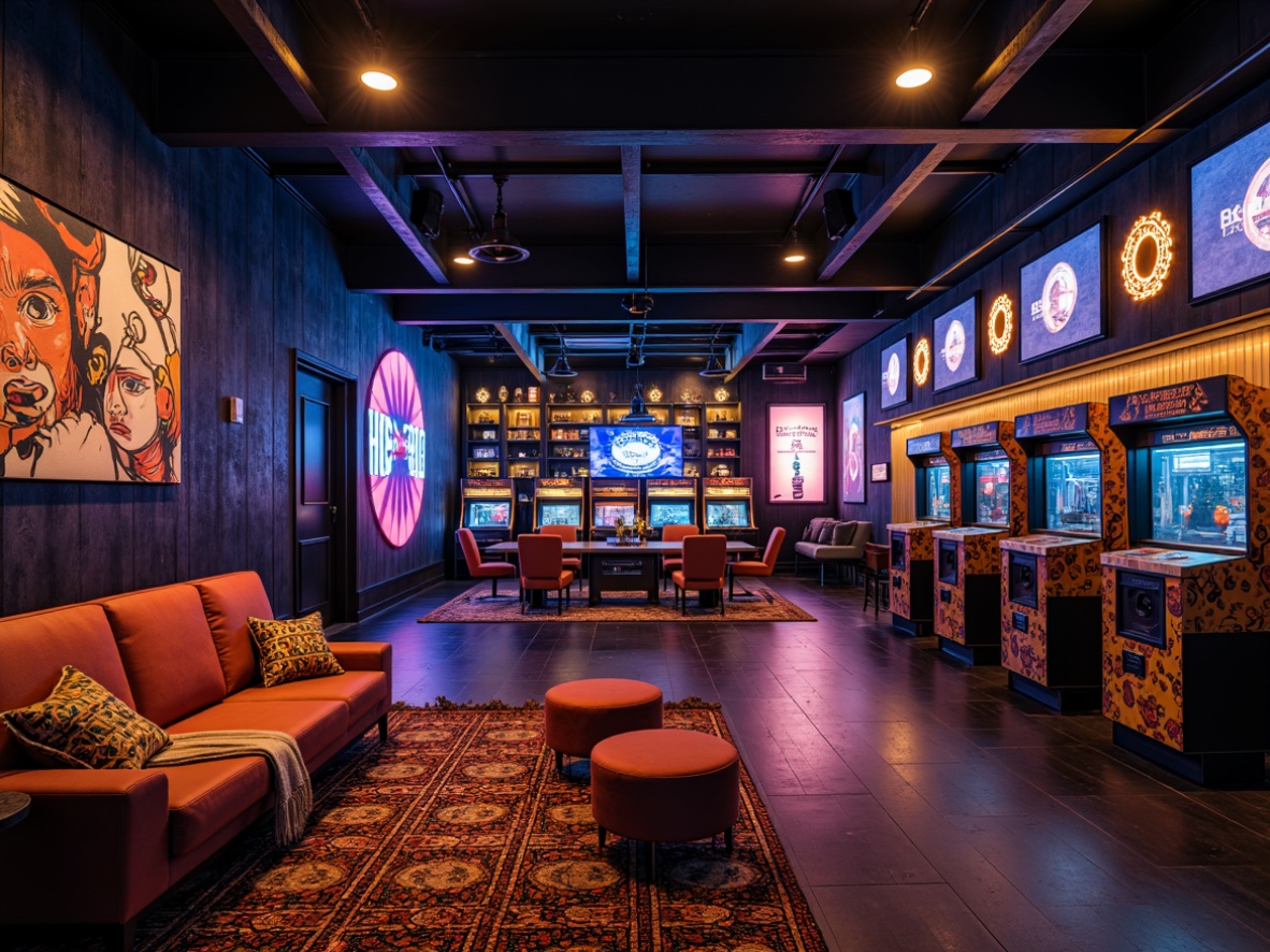 Prompt: Retro arcade machines, neon signs, dimmed ceiling lights, cozy couches, vibrant throw pillows, geometric patterned rugs, eclectic decorative collectibles, bold wall murals, metallic accents, reclaimed wood shelves, futuristic gaming stations, high-tech sound systems, ambient LED lighting, cinematic screens, 3/4 composition, shallow depth of field, realistic textures, panoramic view.