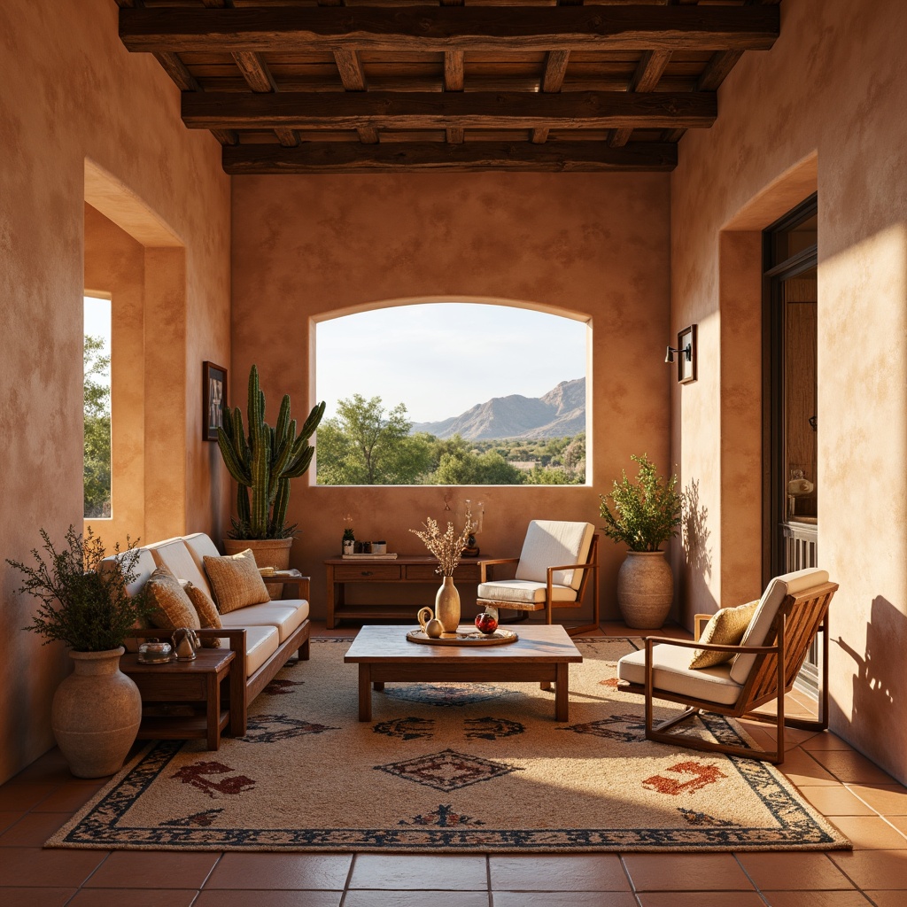 Prompt: Earth-toned adobe walls, warm terracotta floors, natural woven textiles, vintage wooden furniture, distressed leather armchairs, geometric patterned rugs, southwestern-inspired ceramic vases, cactus plants, desert landscapes, soft warm lighting, shallow depth of field, 3/4 composition, realistic textures, ambient occlusion.