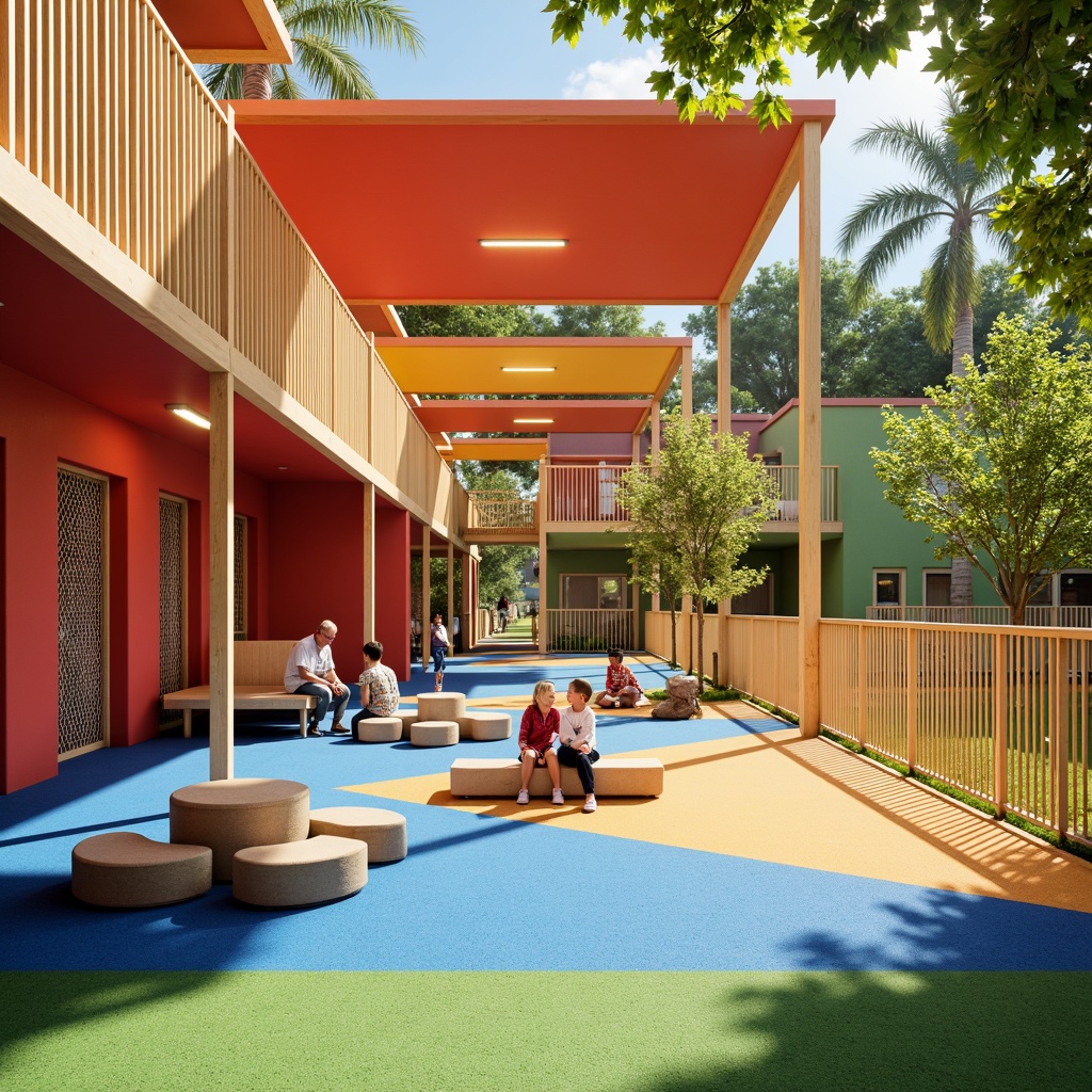 Prompt: Vibrant kindergarten playground, soft rubber flooring, rounded edges, impact-absorbing materials, secure fencing, gated entrances, CCTV cameras, emergency response plans, first-aid kits, fire alarms, sprinkler systems, well-lit corridors, non-toxic paint, eco-friendly furniture, ergonomic seating, adaptive equipment, inclusive play areas, wheelchair accessibility, gentle slope ramps, wide doorways, natural ventilation, air purification systems, calming color schemes, soft background music, 1/2 composition, warm lighting, shallow depth of field.