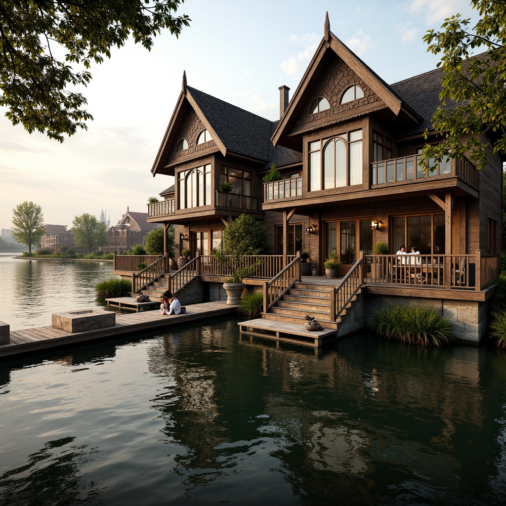 Prompt: Rustic boathouse, wooden dock, vintage nautical decorations, ornate Victorian details, intricate wood carvings, stained glass windows, steeply pitched roofs, turrets and towers, wraparound porches, distressed wooden planks, natural stone foundations, lush greenery, overhanging trees, serene lake views, warm golden lighting, soft misty atmosphere, 1/2 composition, shallow depth of field, realistic textures, ambient occlusion.