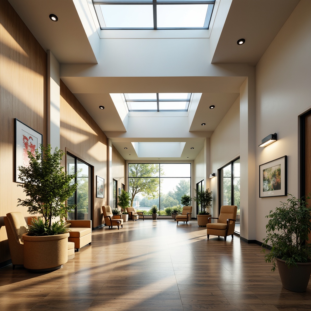 Prompt: Spacious rehabilitation center, large windows, clerestory rooflights, skylights, reflective surfaces, minimal obstructions, open floor plan, natural materials, wooden floors, calming color palette, soft warm lighting, ambient occlusion, realistic textures, 1/1 composition, shallow depth of field, subtle shadows, serene atmosphere, lush greenery, potted plants, comfortable seating areas, ergonomic furniture, adaptive equipment, soothing artwork, peaceful ambiance.