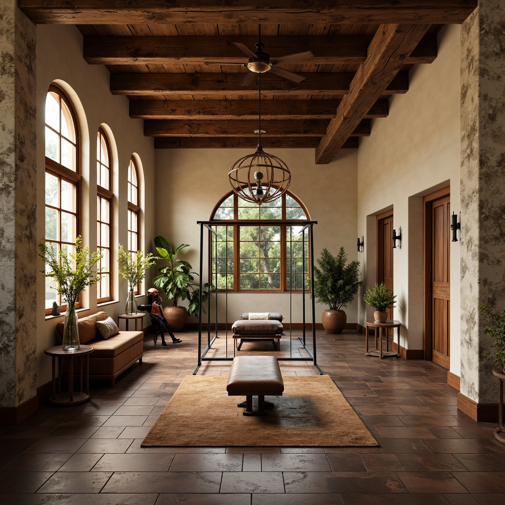 Prompt: Rustic home gym, traditional style, warm earthy tones, wooden accents, dark walnut flooring, cream-colored walls, vintage metal equipment, distressed leather upholstery, natural stone columns, arched windows, soft warm lighting, shallow depth of field, 1/1 composition, realistic textures, ambient occlusion.Please let me know if this meets your requirements!