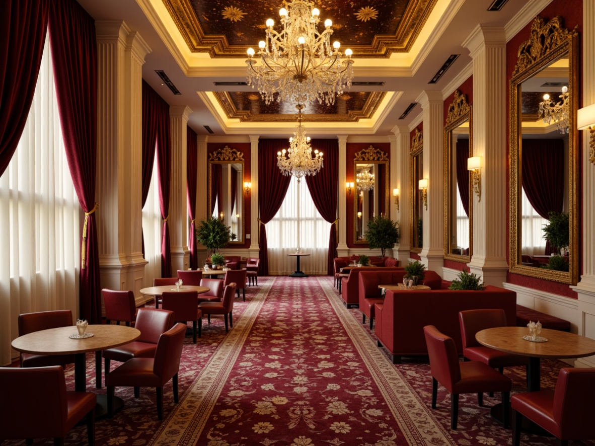 Prompt: Opulent fitness club interior, rich velvet drapes, ornate gold accents, soft cream walls, luxurious crystal chandeliers, intricate wooden paneling, plush burgundy carpeting, antique mirrors, elegant curved lines, Baroque-inspired details, warm golden lighting, high-contrast shadows, 1/2 composition, cinematic depth of field, realistic fabric textures, subtle ambient occlusion.