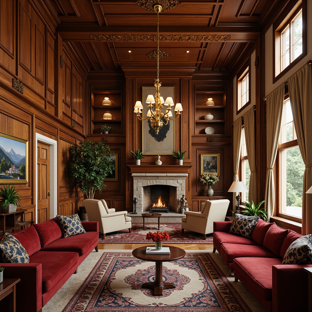 Prompt: Rich wood tones, ornate furnishings, luxurious fabrics, warm golden lighting, elegant chandeliers, classic artwork, sophisticated patterns, refined neutrals, earthy reds, deep blues, velvety smooth textures, intricate carvings, opulent metallic accents, soft cream whites, lavish drapery, rustic stone fireplaces, comfortable seating areas, inviting ambiance, 3/4 composition, warm color harmony, realistic reflections, ambient occlusion.