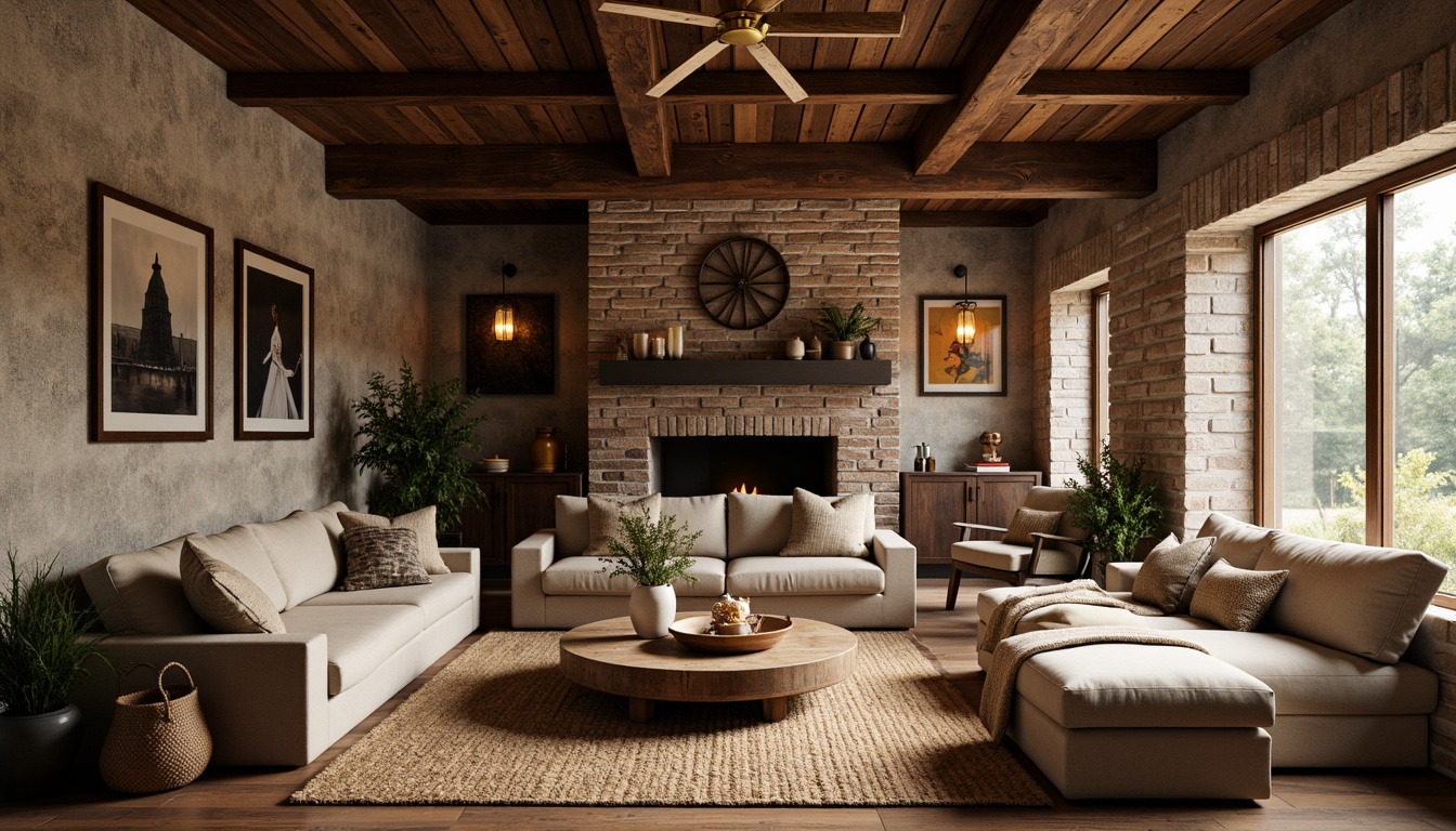 Prompt: Rustic living room, reclaimed wood accents, natural stone walls, earthy tone color palette, woven jute rugs, plush velvet sofas, industrial metal lighting fixtures, exposed brick ceilings, wooden beam structures, minimal ornamentation, warm candlelight ambiance, shallow depth of field, 1/1 composition, realistic textures, ambient occlusion.