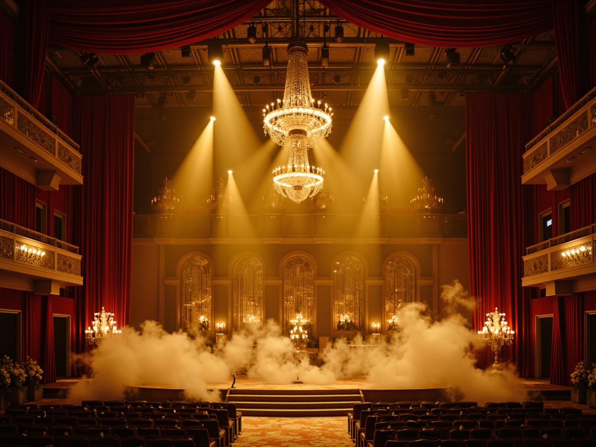 Prompt: Dramatic stage setting, grand chandeliers, warm golden lighting, soft spotlights, rich velvet curtains, ornate metal fixtures, crystal prisms, luxurious fabrics, majestic archways, regal throne-like seating, lavish decorations, opulent candelabras, sparkling crystals, mystical fog effects, low-key shadows, high-contrast lighting, cinematic atmosphere, 1/2 composition, shallow depth of field, dramatic color grading.