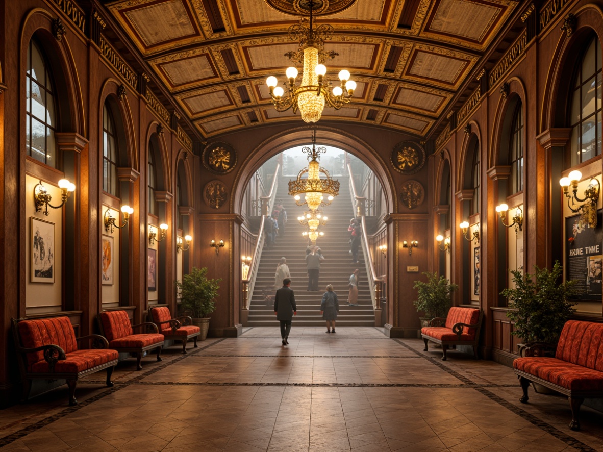 Prompt: Ornate metro station, grand chandeliers, intricate moldings, luxurious velvet benches, antique bronze fixtures, ornamental metalwork, rich wood paneling, carved wooden decorations, gilded accents, lavish marble floors, dramatic archways, sweeping staircases, opulent crystal lighting, warm golden illumination, soft focus photography, 1/2 composition, symmetrical framing, realistic reflections, atmospheric fog effects.