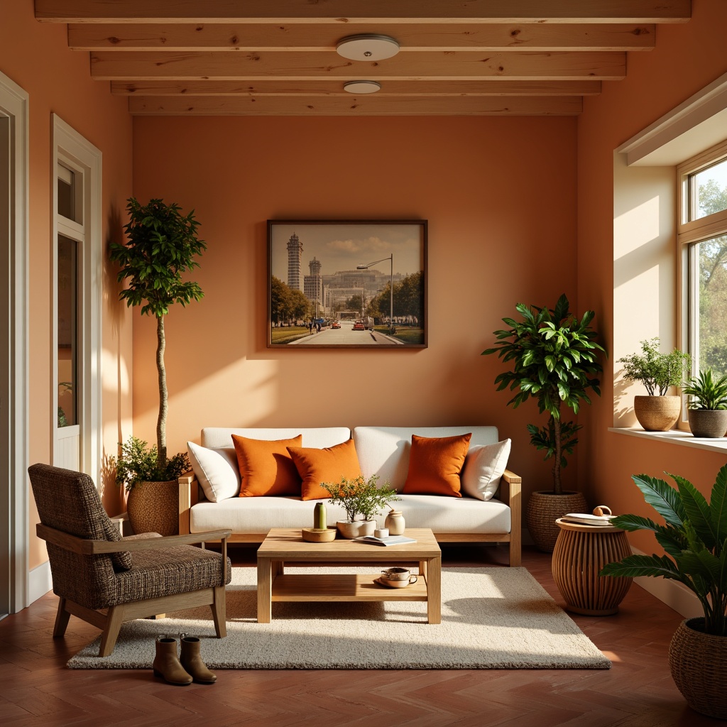 Prompt: Warm apricot walls, soft beige furniture, natural wood accents, creamy white trim, earthy terracotta floors, vibrant orange throw pillows, lush green plants, cozy reading nooks, warm golden lighting, shallow depth of field, 1/1 composition, intimate atmosphere, realistic textures, ambient occlusion.