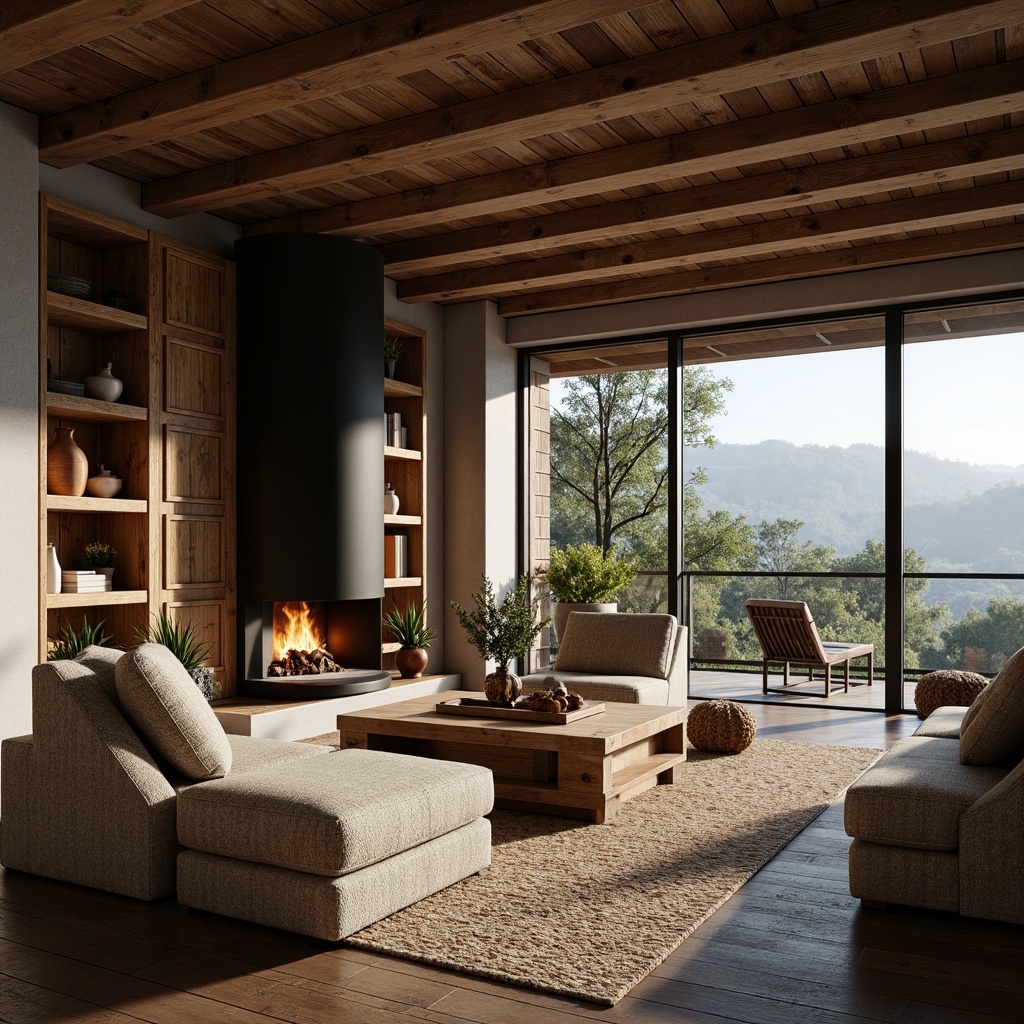 Prompt: Rustic-modern fusion, reclaimed wooden accents, natural stone walls, earthy color palette, industrial metal beams, vintage decorative items, cozy fireplaces, plush furnishings, warm ambient lighting, shallow depth of field, 3/4 composition, panoramic view, realistic textures, ambient occlusion, countryside landscape, rolling hills, dense forests, misty morning atmosphere.