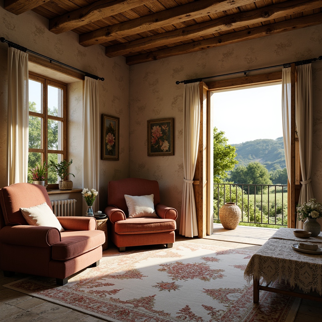 Prompt: Rustic French country cottage, distressed wooden beams, natural stone walls, plush velvet armchairs, linen fabrics, soft cotton lace, billowy curtains, floral patterns, vintage embroidery, intricate brocade, rich tapestries, woven baskets, earthy color palette, warm golden lighting, cozy atmosphere, rural landscape views, rolling hills, verdant gardens, 1/2 composition, soft focus, warm color grading.