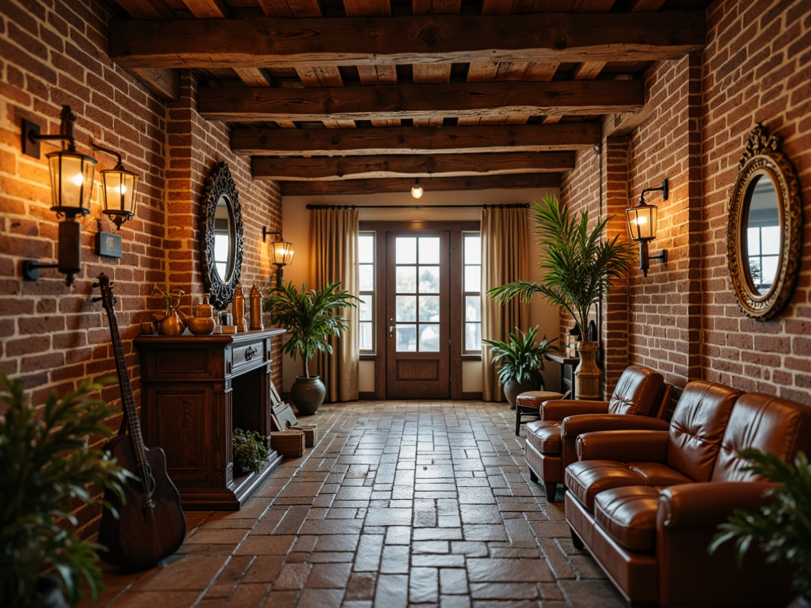 Prompt: Warm wood accents, rustic brick walls, natural stone flooring, vintage sports equipment, antique furniture pieces, rich leather upholstery, warm beige paint colors, distressed wooden beams, decorative metal trims, ornate mirrors, classic lantern lighting, soft warm glow, shallow depth of field, 1/2 composition, realistic textures, ambient occlusion.