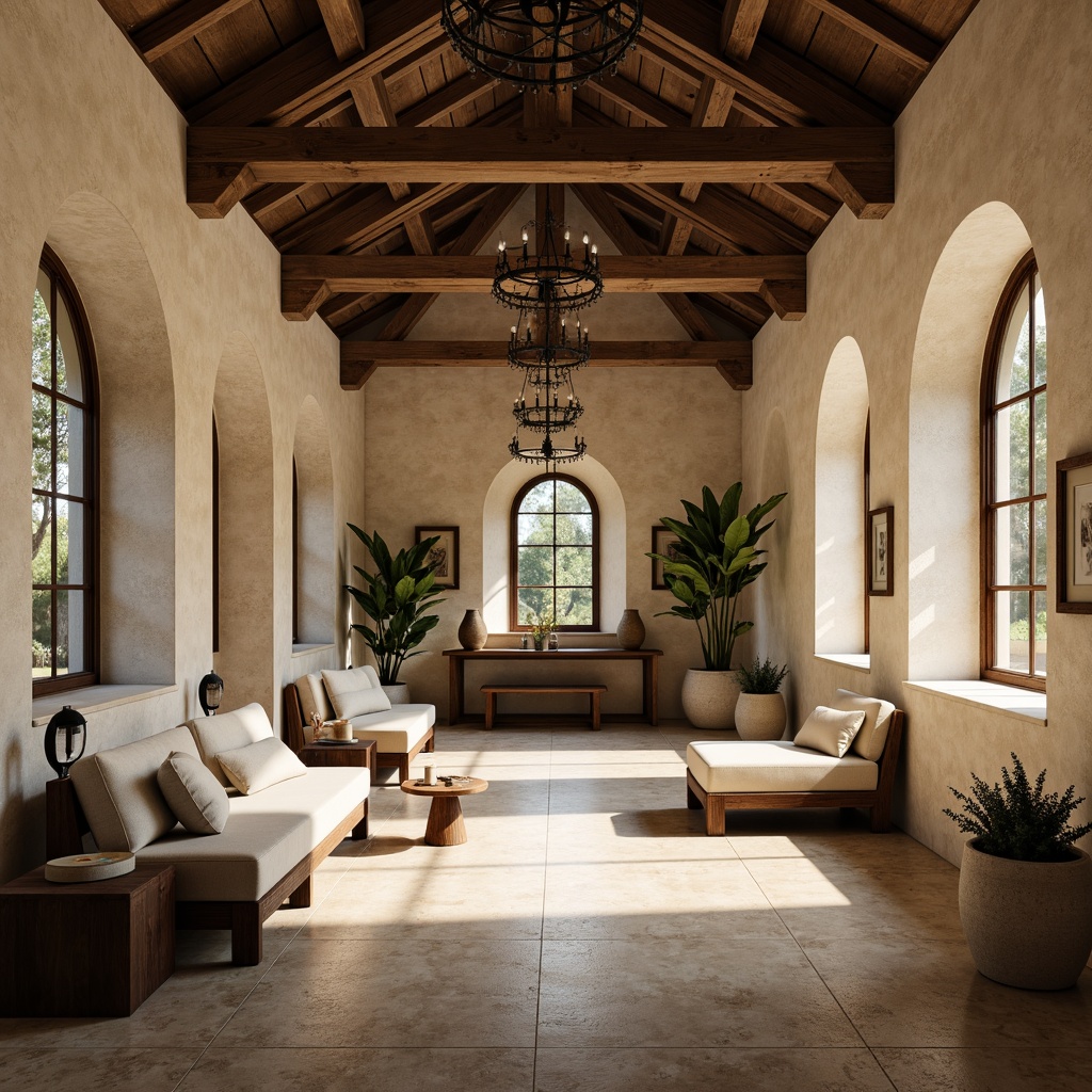 Prompt: Vaulted ceilings, arched windows, stone walls, rustic wooden beams, ornate chandeliers, soft warm lighting, diffused natural light, serene atmosphere, tranquil ambiance, monastery-inspired decor, minimalist furnishings, neutral color palette, beige stone floors, cream-colored walls, dark wood accents, subtle textures, cozy nooks, intimate spaces, contemplative mood, peaceful surroundings, gentle shadows, 1/2 composition, warm color temperature, soft focus, atmospheric rendering.