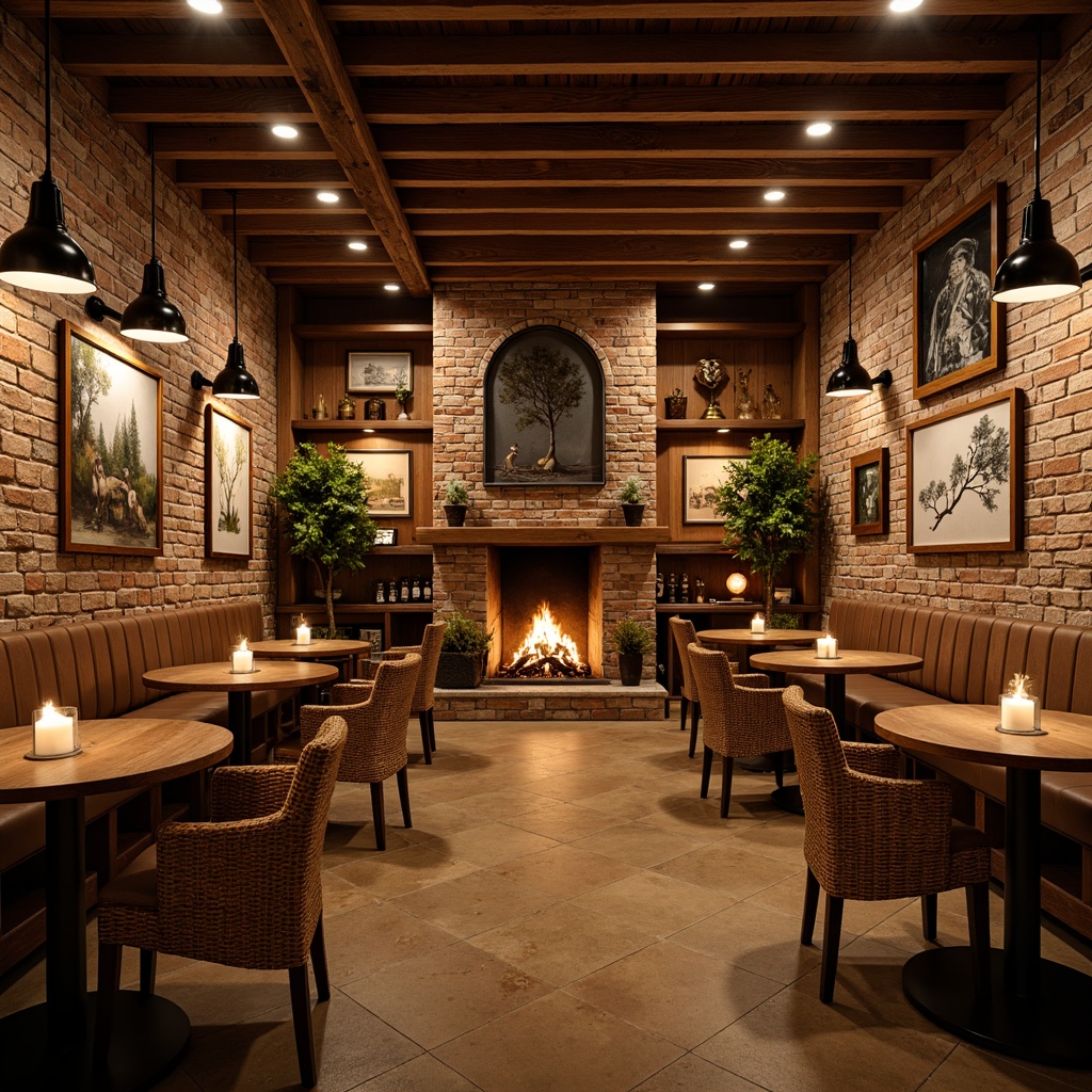 Prompt: Rustic pub interior, reclaimed wooden walls, exposed brick surfaces, earthy color palette, natural stone textures, distressed wood accents, vintage metal signs, warm candlelight, cozy fireplaces, comfortable seating areas, woven wicker furniture, earthy-toned upholstery, rich leather armchairs, dimmed pendant lamps, warm beige flooring, rough-hewn wooden beams, rustic metal decorations, nature-inspired artwork, soft warm lighting, shallow depth of field, 1/2 composition, realistic textures, ambient occlusion.