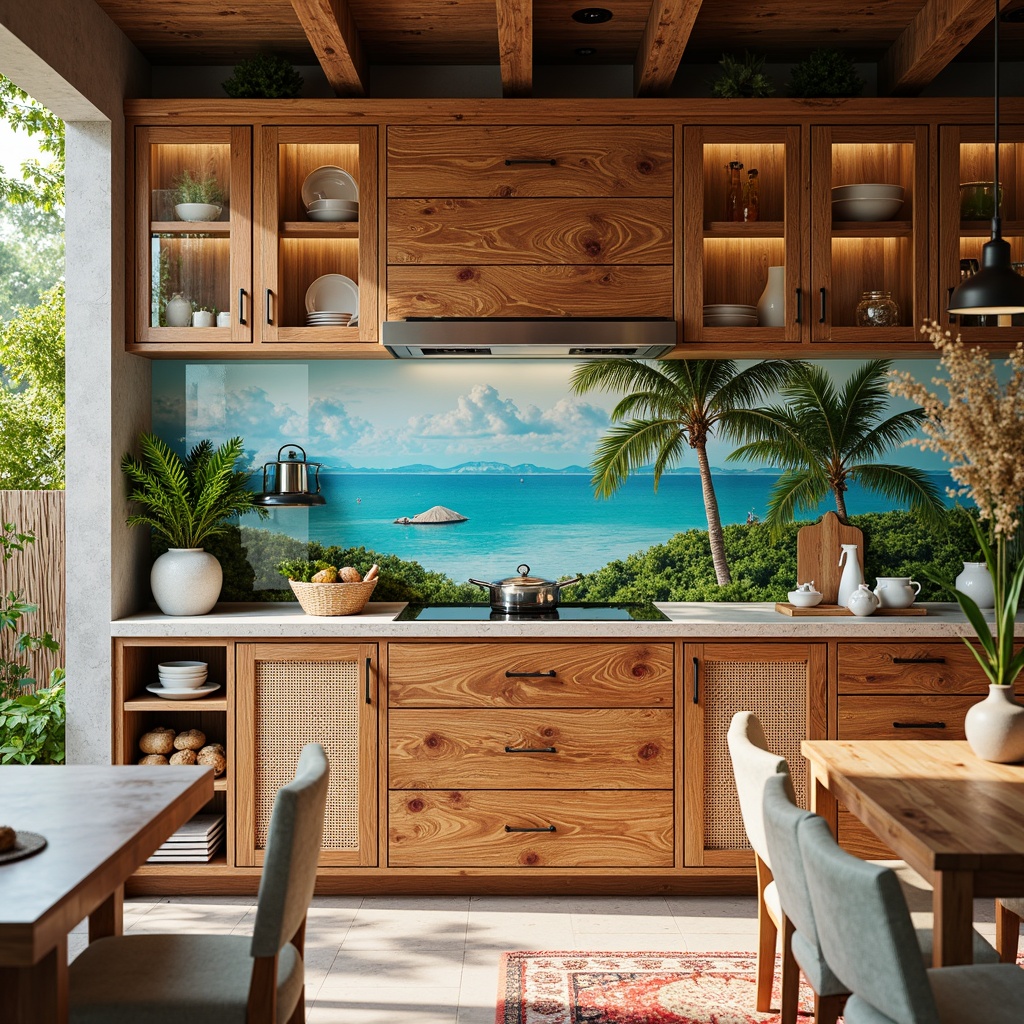 Prompt: Vibrant tropical kitchen, exotic island-inspired backsplash, colorful glass tiles, natural stone textures, woven rattan patterns, palm tree silhouettes, bright coral hues, ocean blue accents, sunny day lighting, shallow depth of field, 3/4 composition, panoramic view, realistic reflections, ambient occlusion.