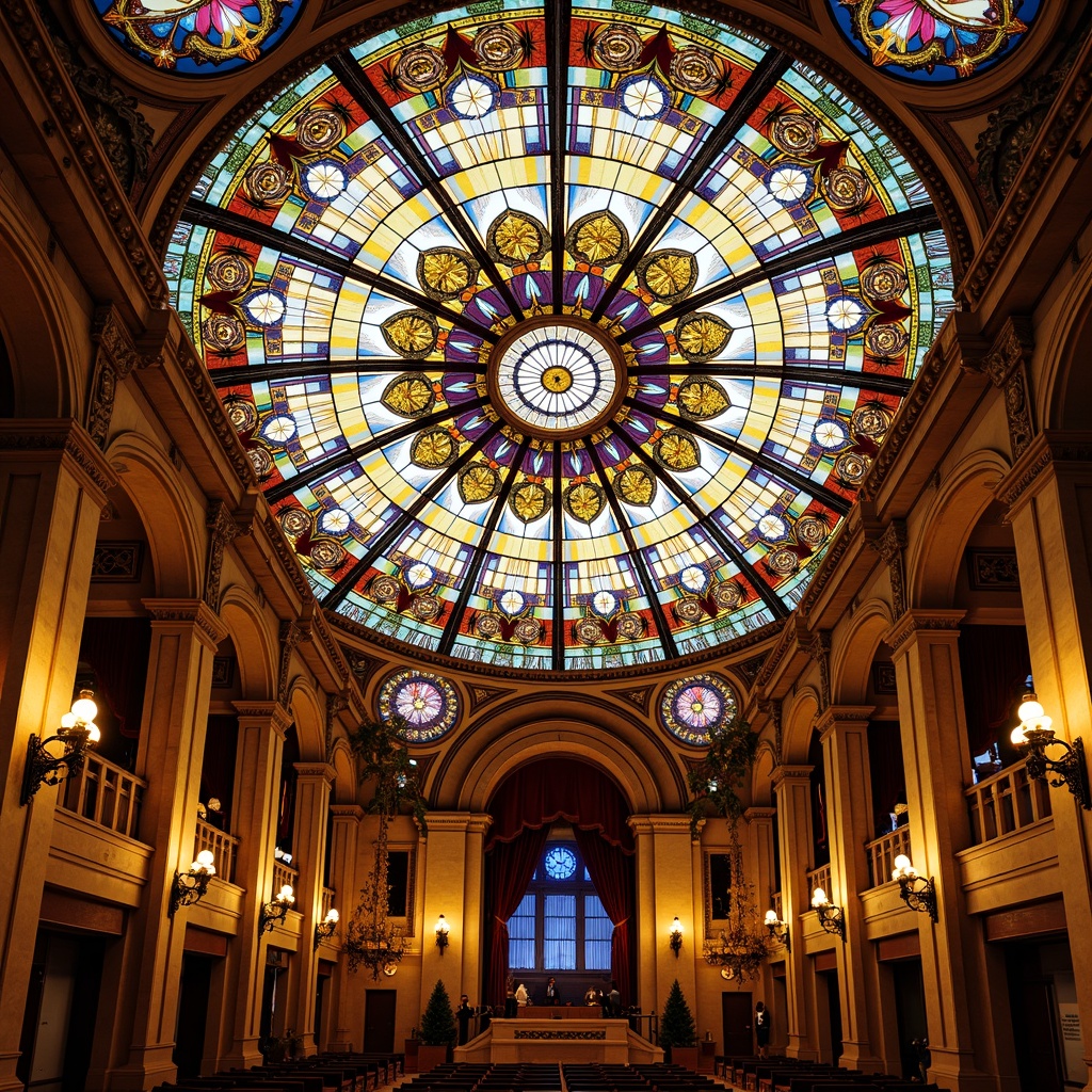 Prompt: Vibrant stained glass ceiling, kaleidoscope colors, intricate geometric patterns, ornate metal frames, grandiose auditorium, high ceilings, majestic arches, ribbed vaults, dramatic lighting effects, warm golden tones, rich textures, ornamental details, luxurious fabrics, opulent furnishings, regal atmosphere, historic landmark, vintage architecture, symmetrical composition, central focal point, warm soft light, subtle color gradations.