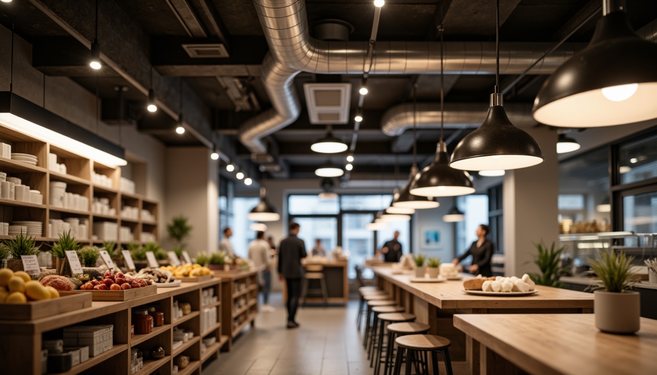 Prompt: Vibrant market interior, contemporary lighting fixtures, suspended pendant lamps, warm white LED lights, polished chrome accents, minimalist design, open ceiling plans, exposed ductwork, industrial-chic aesthetic, reclaimed wood flooring, neutral color palette, urban loft atmosphere, softbox lighting, 1/1 composition, shallow depth of field, realistic textures, ambient occlusion.