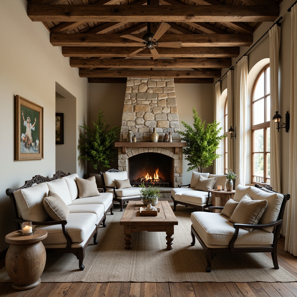 Prompt: Rustic farmhouse, distressed wood furniture, soft linen upholstery, vintage metal accents, ornate carvings, elegant curves, natural fabrics, earthy tones, beige walls, wooden beams, stone fireplace, lush greenery, warm candlelight, 3/4 composition, shallow depth of field, realistic textures.