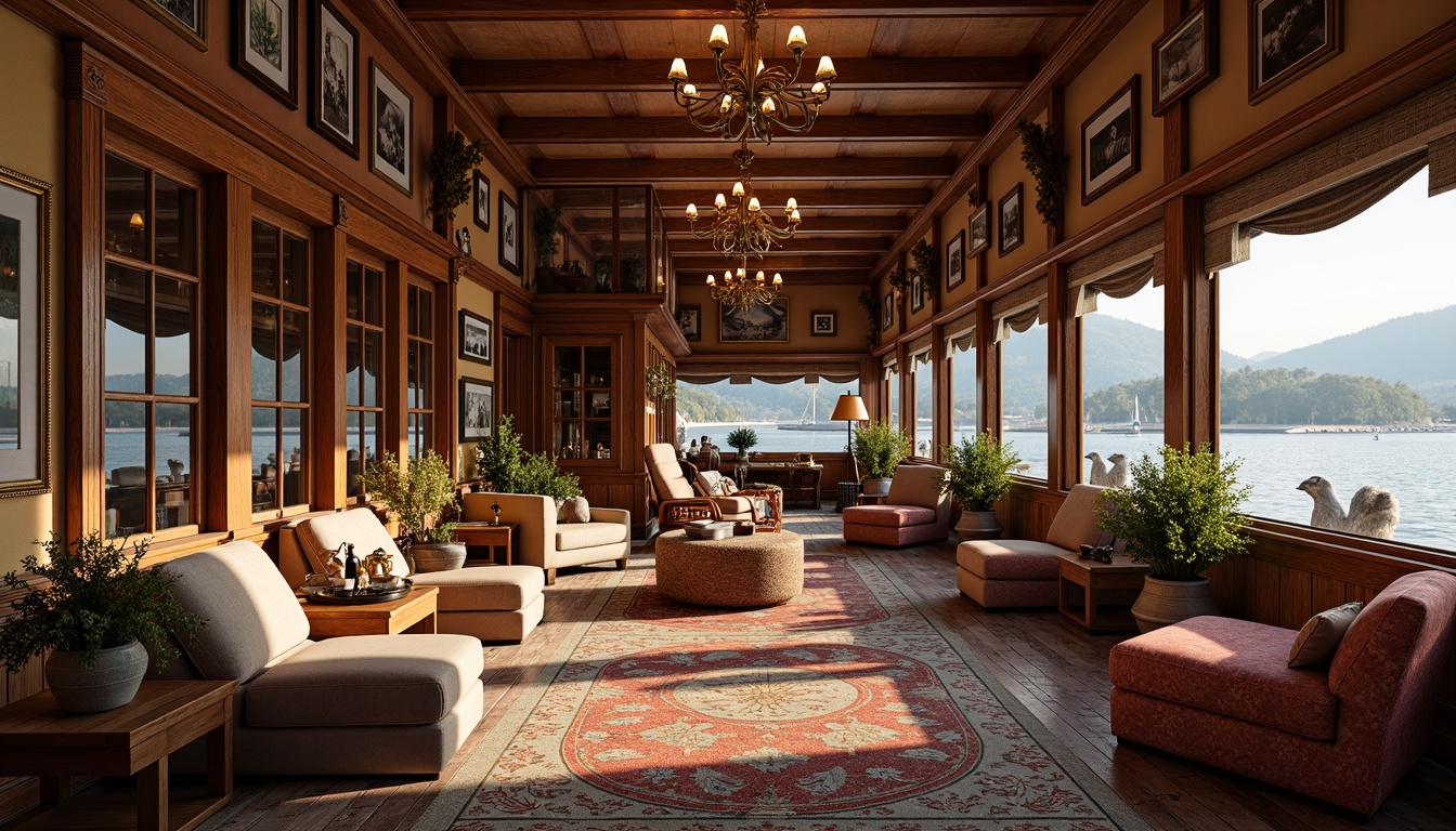 Prompt: Richly ornamented boathouse, intricately carved wooden accents, plush velvet upholstery, ornate metal fixtures, distressed wood finishes, vintage nautical artifacts, luxurious drapery, opulent chandeliers, warm golden lighting, comfortable oversized furniture, intricate patterns, soft pastel colors, natural textures, rustic wooden walls, water-inspired decorative elements, elegant Victorian-era inspired details, nostalgic memorabilia, cozy reading nooks, tranquil atmosphere, shallow depth of field, 1/2 composition, warm color palette.