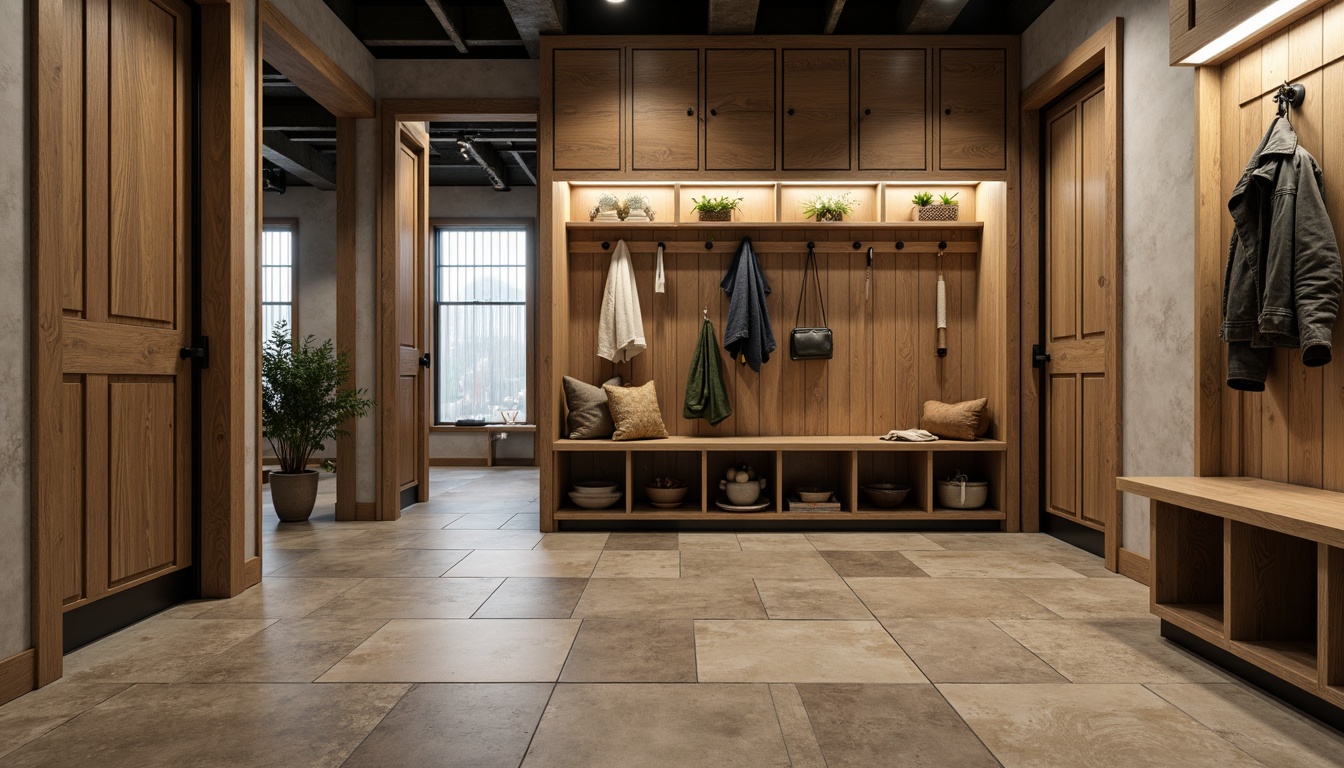 Prompt: Rustic mudroom interior, natural stone flooring, textured concrete walls, industrial metal accents, matte epoxy coating, satin polyurethane finish, weathered wood trim, earthy color palette, warm ambient lighting, shallow depth of field, 1/2 composition, realistic textures, ambient occlusion.