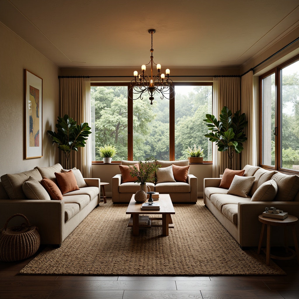 Prompt: Cozy living room, plush sofas, velvet armchairs, wooden coffee tables, soft cushions, woven baskets, natural fiber rugs, warm beige walls, floor-to-ceiling windows, sheer white curtains, abundant greenery, elegant chandeliers, subtle ambient lighting, 1/2 composition, intimate atmosphere, realistic textures, subtle shadowing.