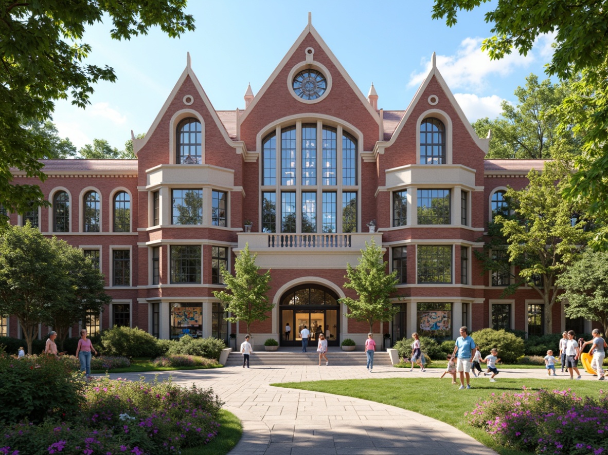 Prompt: Grand elementary school building, Gothic style architecture, pointed archways, ribbed vaults, stunning stained glass windows, intricate stone carvings, ornate metal doorways, cozy classrooms, vibrant colorful murals, playful playground equipment, lush greenery, blooming flowers, natural stone walkways, sunny day, soft warm lighting, shallow depth of field, 3/4 composition, panoramic view, realistic textures, ambient occlusion.