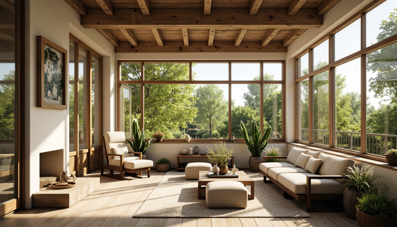 Prompt: Rustic farmhouse sunroom, natural wood accents, vintage metal decor, distressed finishes, earthy color palette, warm beige tones, soft sage greens, creamy whites, weathered wooden beams, reclaimed wood floors, cozy plush furniture, lush greenery views, sunny afternoon light, soft warm glow, shallow depth of field, 3/4 composition, realistic textures.