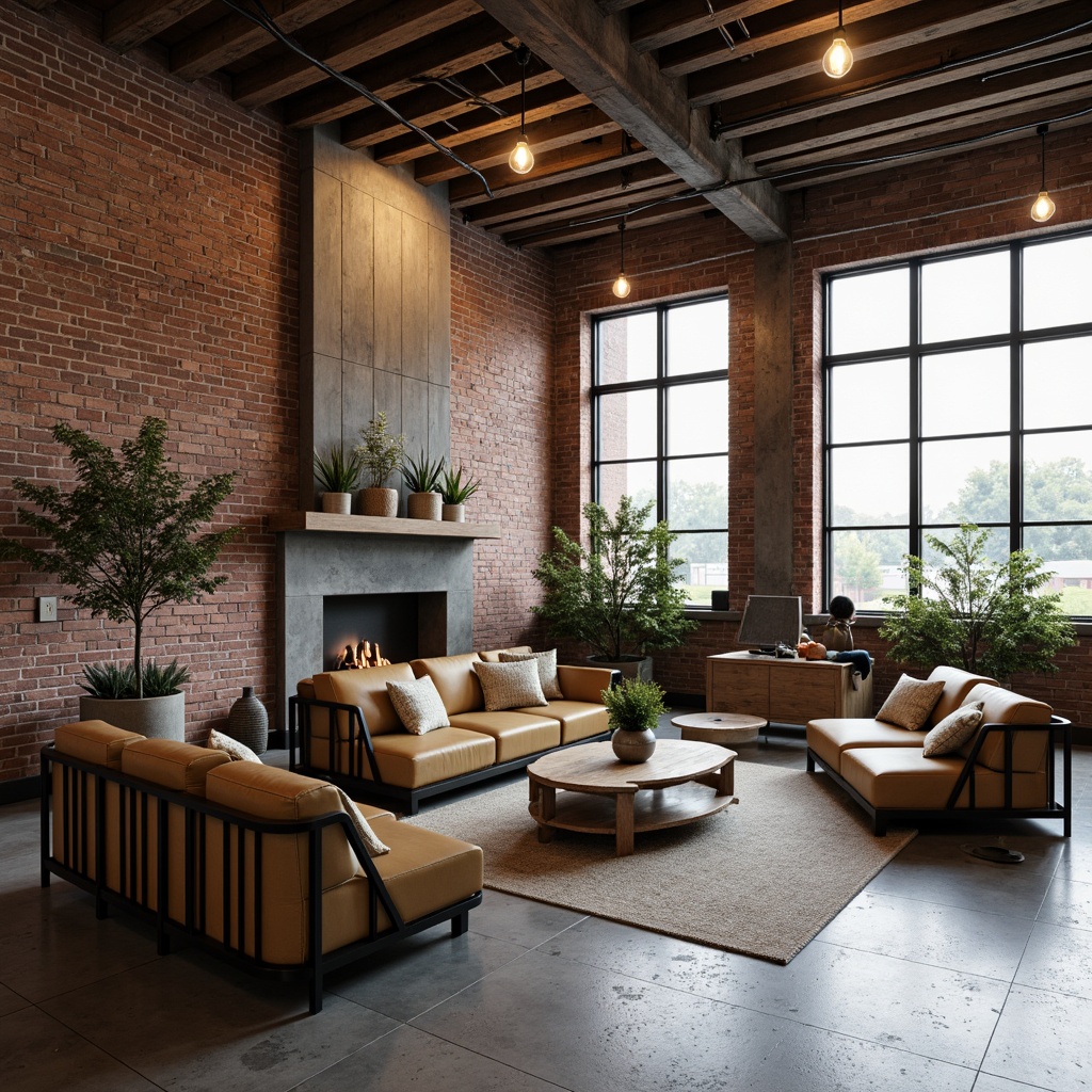 Prompt: Exposed brick walls, rough-hewn wooden planks, distressed metal accents, polished concrete floors, industrial-grade pipes, urban loft atmosphere, reclaimed wood furniture, Edison bulb lighting, matte black fixtures, neutral color palette, minimalist decor, functional storage solutions, modern industrial chic aesthetic, high ceilings, open floor plans, natural light pouring in, soft warm glow, 3/4 composition, shallow depth of field, realistic textures.