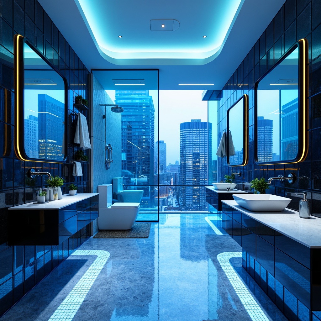 Prompt: Futuristic bathroom, neon blue accents, iridescent glass tiles, metallic silver fixtures, glossy white countertops, sleek black cabinets, LED lighting strips, ambient misty atmosphere, soft glowing orbs, holographic shower walls, translucent floor panels, chrome-plated faucets, geometric patterned mirrors, 3D-printed sink basins, minimalist wall-mounted toilets, hydrophobic coating, anti-fogging glass doors, radiant heating floors, panoramic cityscape views, cinematic lighting effects, shallow depth of field.