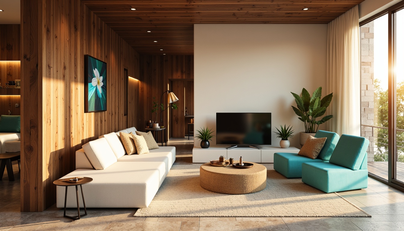 Prompt: Vibrant living room, warm beige walls, rich walnut furniture, bold turquoise accents, natural stone flooring, plush cream-colored sofa, modern minimalist decor, floor-to-ceiling windows, abundant natural light, soft golden lighting, shallow depth of field, 1/2 composition, realistic textures, ambient occlusion.