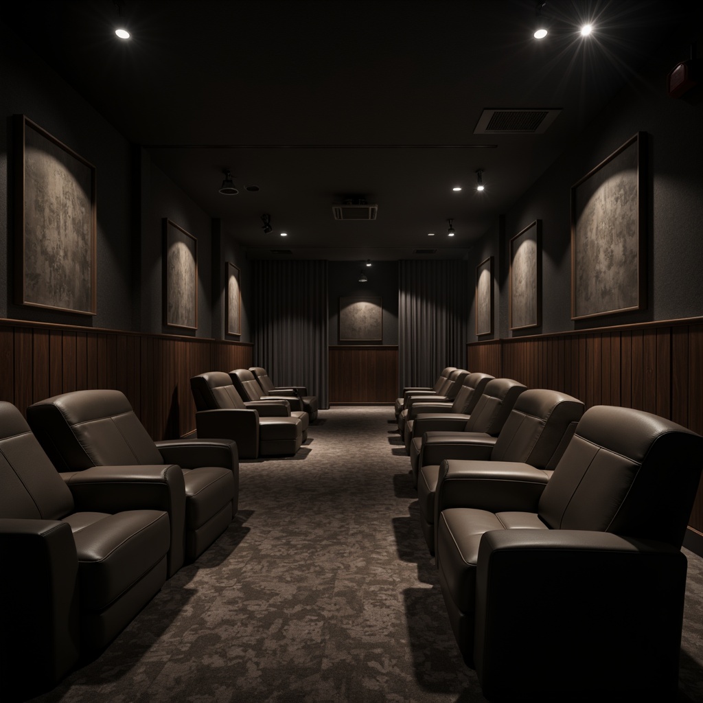 Prompt: Monochromatic cinema interior, minimalist decor, neutral color palette, soft warm lighting, dark wood accents, sleek metal details, luxurious velvet fabrics, subtle texture patterns, refined leather seats, dramatic spotlights, cinematic ambiance, low-key mood, atmospheric shadows, 1/1 composition, shallow depth of field, realistic render.