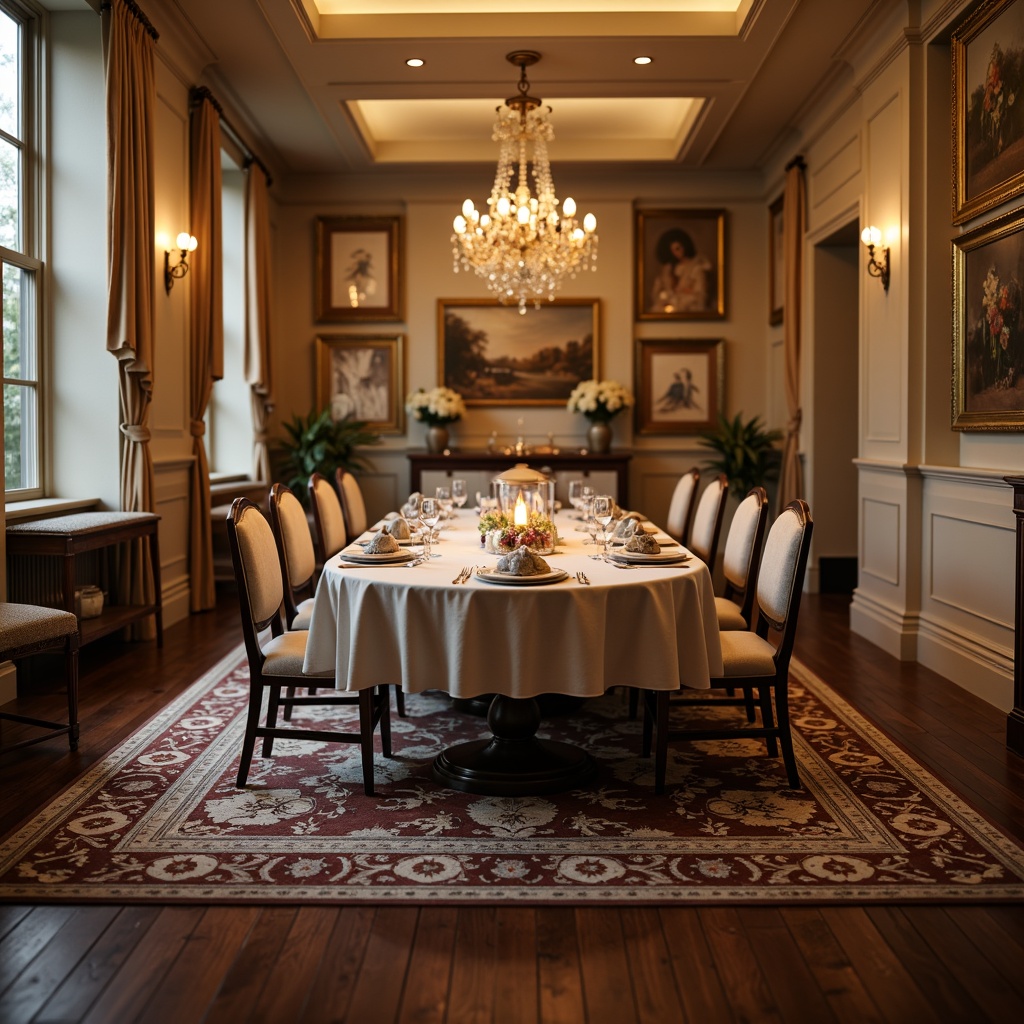 Prompt: Rich wooden flooring, dark walnut tones, ornate rug, elegant furniture legs, classic dining chairs, traditional chandeliers, warm beige walls, soft cream curtains, luxurious velvet drapes, golden picture frames, antique vases, formal dinner settings, candlelit ambiance, shallow depth of field, 1/1 composition, realistic textures, ambient occlusion.