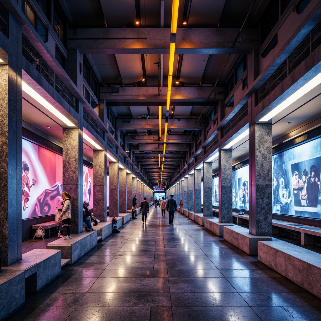 Prompt: Vibrant metro station, contrasting textures, modern architecture, sleek metal columns, rough stone walls, polished granite floors, bold colorful accents, dynamic lighting installations, futuristic LED displays, minimalist benches, urban landscape, busy pedestrian traffic, rush hour atmosphere, shallow depth of field, 1/1 composition, high-contrast photography, realistic reflections.