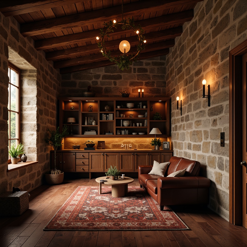 Prompt: Warm mauve hues, rich walnut wood tones, distressed leather textures, vintage metal accents, earthy terracotta flooring, rustic stone walls, cozy cabinetry, soft candlelight, 1/1 composition, intimate atmosphere, warm shallow focus, realistic render.