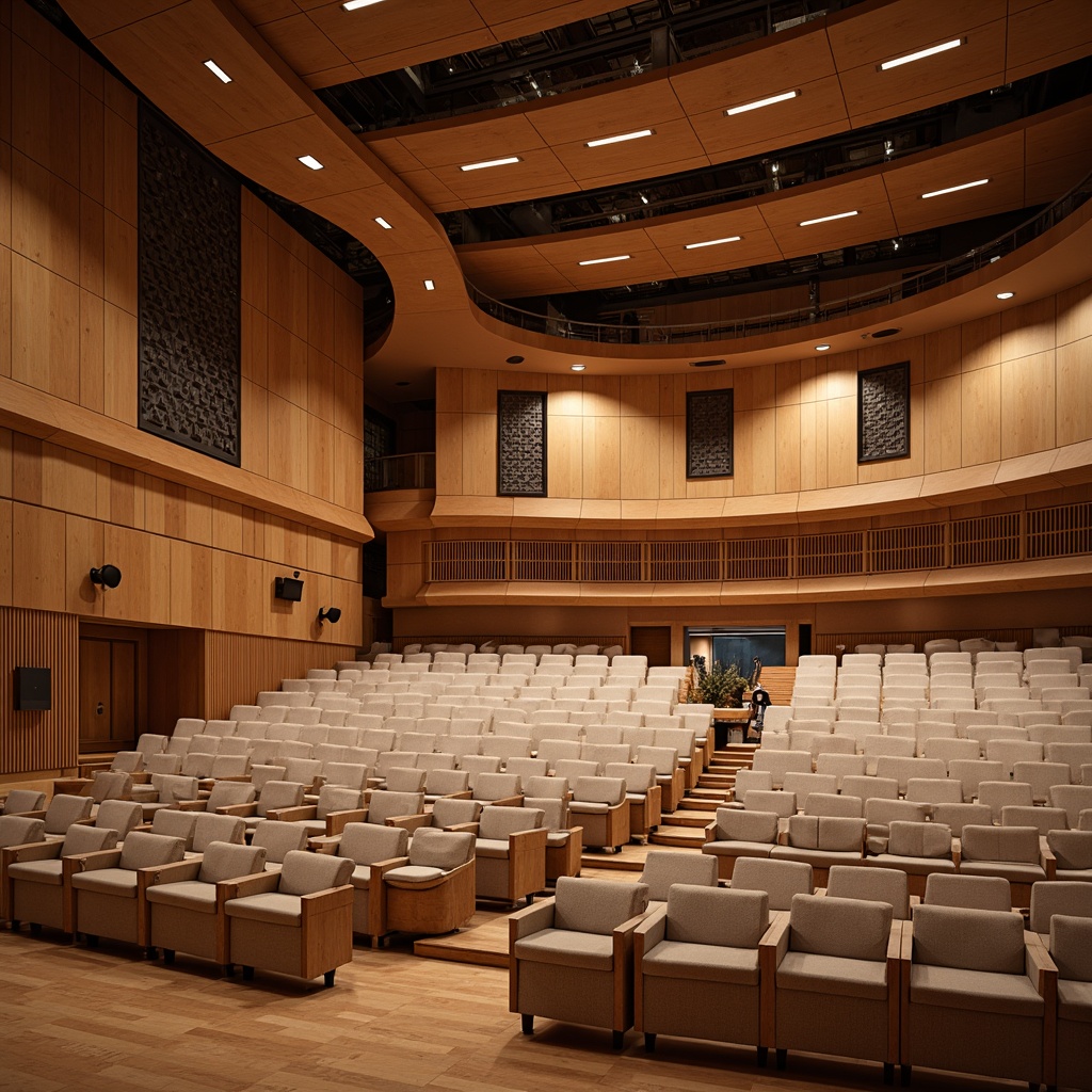 Prompt: Elegant performing arts center, warm wood tones, acoustic panels with geometric patterns, soft cushions, curved lines, minimal ornamentation, neutral color palette, high ceilings, large windows, natural light, subtle textures, ambient lighting, shallow depth of field, 1/1 composition, realistic render, detailed architecture, comfortable seating areas, sound-absorbing materials, innovative audio systems.