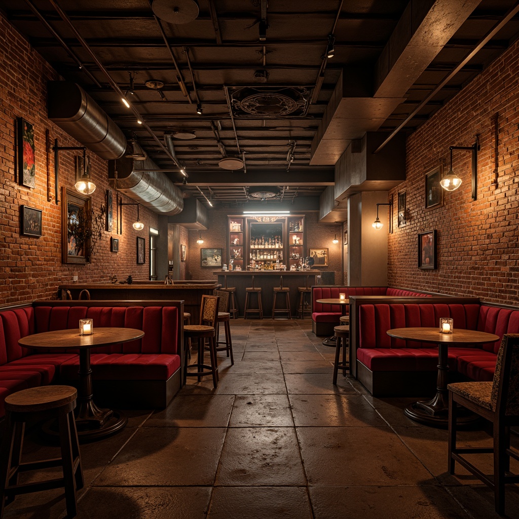 Prompt: Rustic nightclub interior, reclaimed wood accents, exposed brick walls, metal beam ceilings, dim warm lighting, luxurious velvet fabrics, rich leather upholstery, ornate ironwork decorations, vintage industrial machinery, distressed wooden tables, antique bar stools, worn stone floors, candlelit ambiance, intimate seating areas, plush couches, moody color palette, dramatic shadowing, 1/2 composition, shallow depth of field, atmospheric smoke effects.