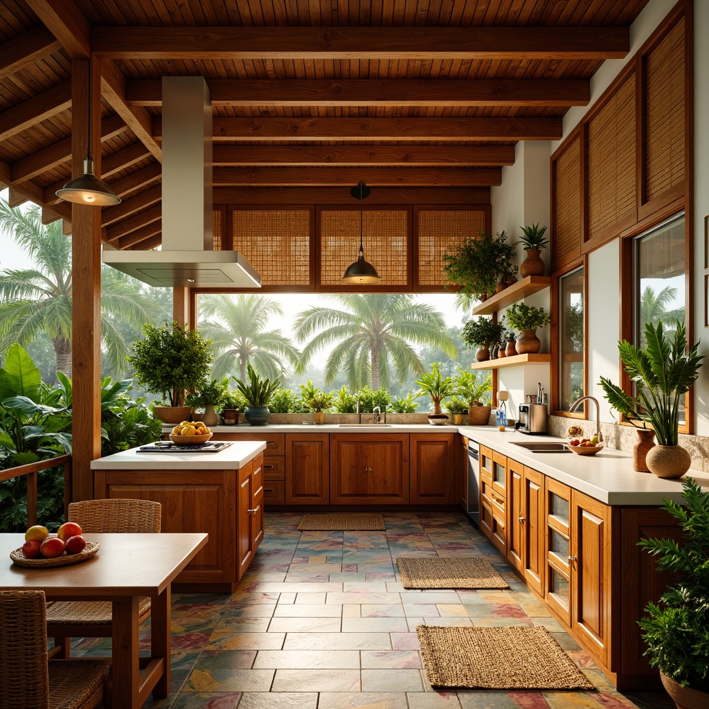 Prompt: Vibrant tropical kitchen, warm wood cabinetry, bright white countertops, colorful ceramic tiles, lush greenery, pendant lamps, rattan shades, natural fiber rugs, woven bamboo chairs, exotic fruit arrangements, aromatic spice displays, soft warm lighting, golden hour ambiance, shallow depth of field, 1/2 composition, realistic textures, ambient occlusion.