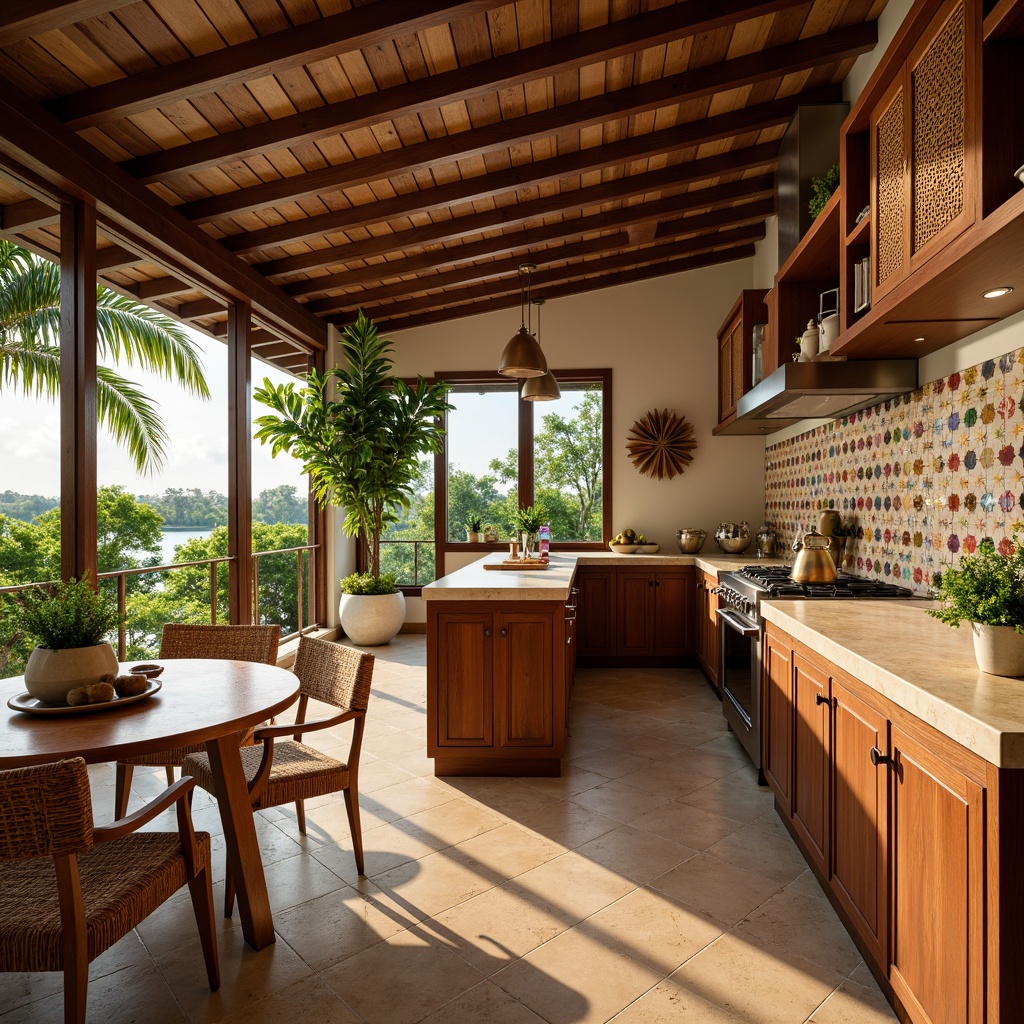 Prompt: Vibrant tropical kitchen, exotic island vibes, rich wood cabinetry, warm beige countertops, polished granite surfaces, iridescent mother-of-pearl inlays, woven rattan furniture, lush greenery, potted palm trees, colorful ceramic tiles, natural stone backsplashes, stainless steel appliances, pendant lighting fixtures, soft warm glow, shallow depth of field, 1/1 composition, realistic textures, ambient occlusion.