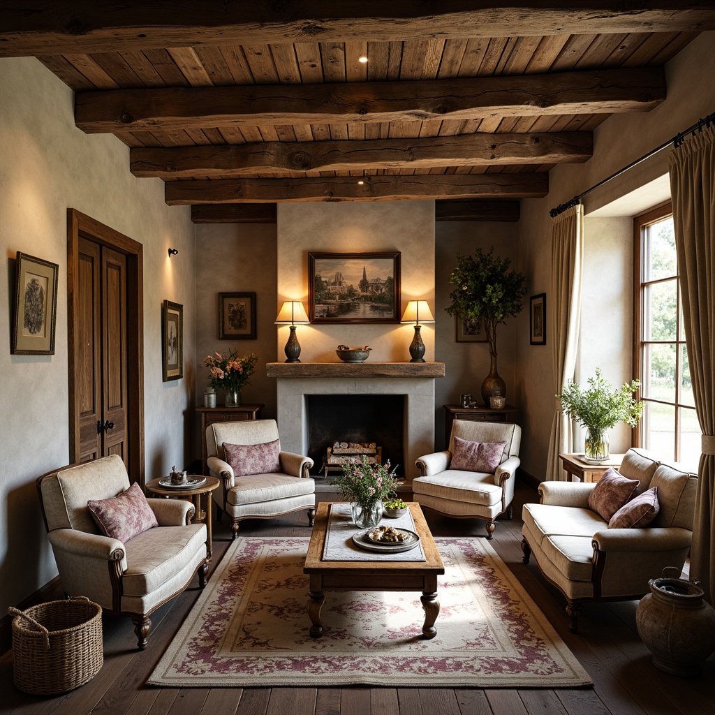 Prompt: Rustic French country cottage, distressed wooden beams, soft warm lighting, vintage furniture, ornate metalware, elegant drapery, velvet upholstery, rich brocade fabrics, luxurious silk textiles, natural linen curtains, woven wicker baskets, antique tapestries, classic floral patterns, subtle toile de Jouy prints, muted earthy tones, weathered stone walls, wooden floorboards, cozy fireplace, intimate seating areas, 3/4 composition, soft focus, warm color palette.